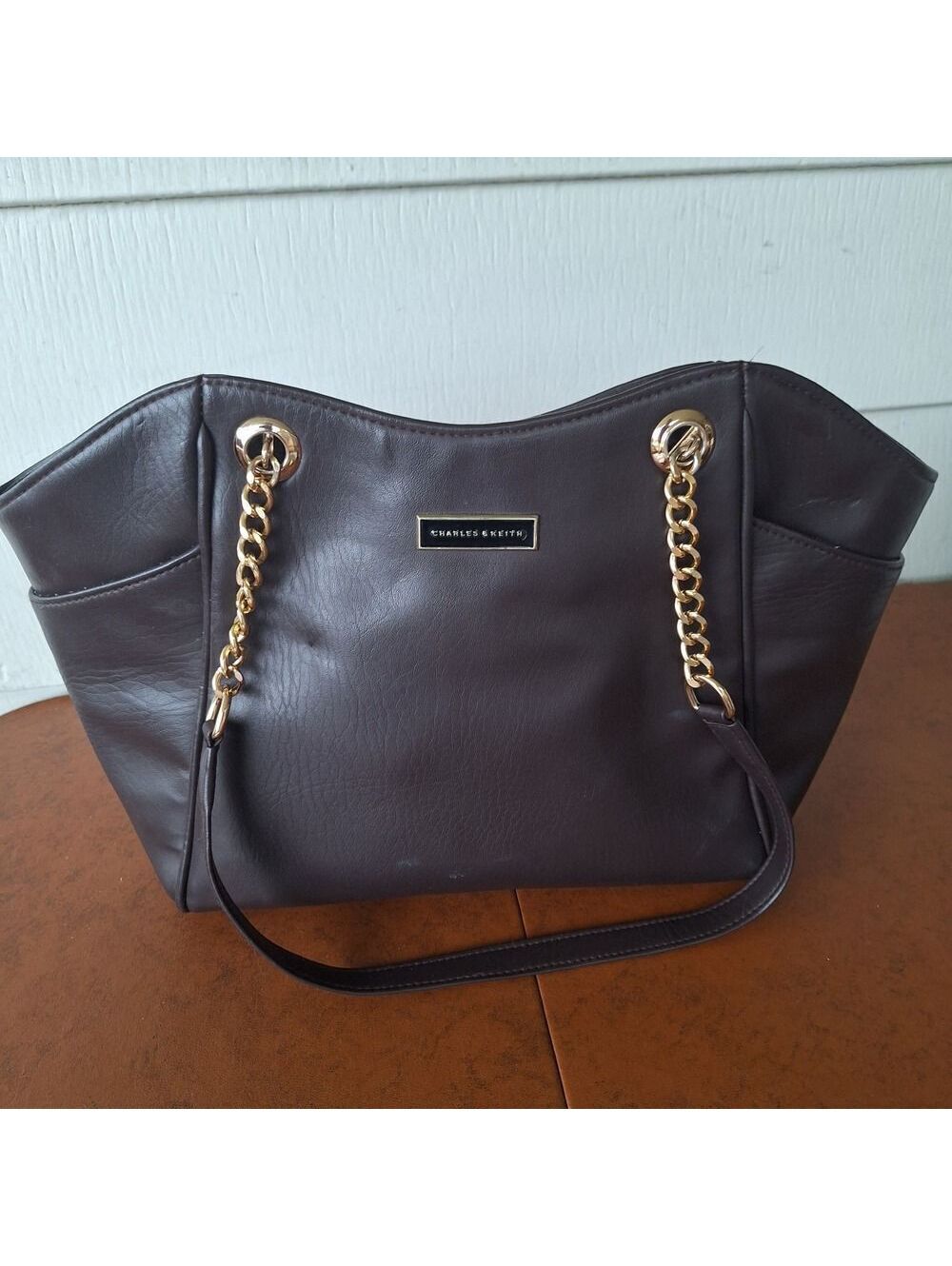 Charles & Keith Brown Tote Bag Purse Handbag Chain Accent